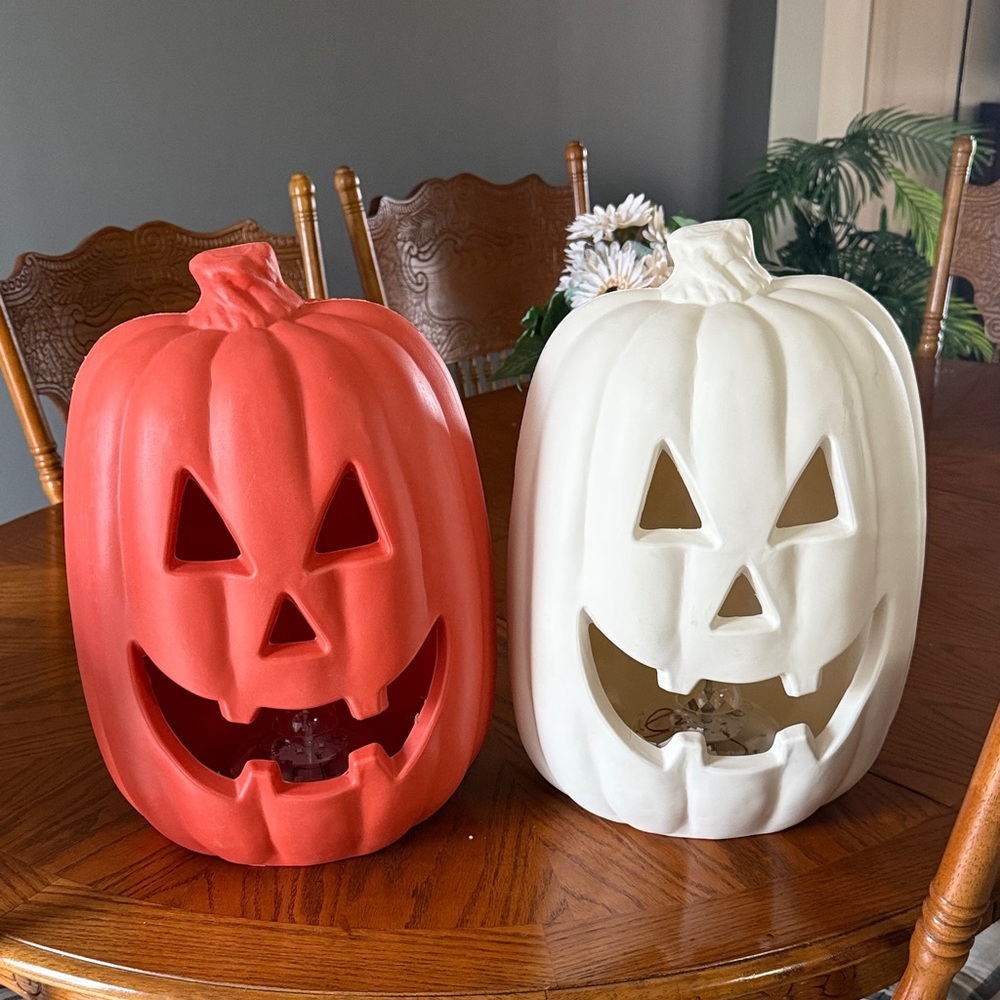 Set of 2 Hay & Harvest Halloween 15” Light Up Blow Mold Pumpkins with Light Show